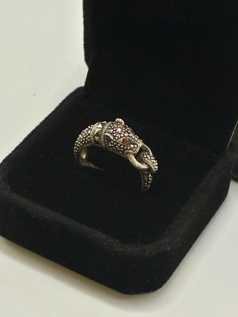 Vintage Signed Thai 925 Sterling Silver Marcasite Ruby Panther Articulated Ring